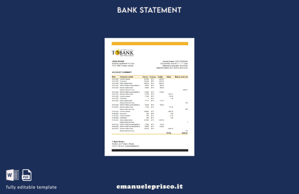 modello Excel di estratto conto bancario Bhutan T in stile verificato